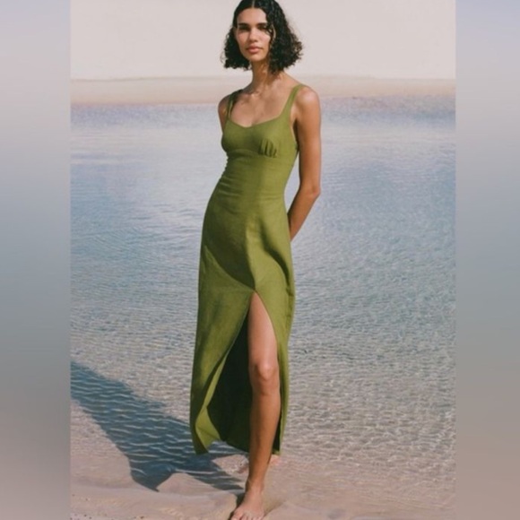 Zara Dresses & Skirts - Zara Olive Green Midi Dress with Front Slit